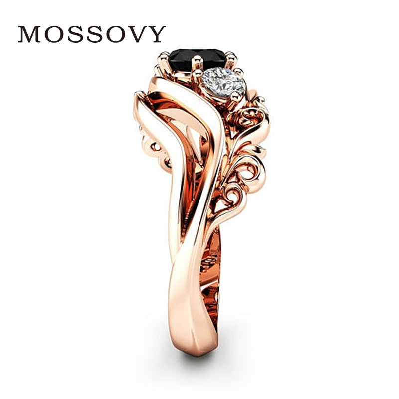 tendy rose Gold Flower Ring Wedding Rings for Women black Cubic Zirconia Engagement Ring Zircon jewelry Anillos Mujer