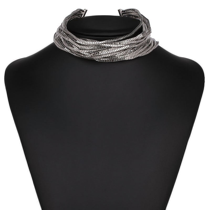 Most Popular Women Jewelry Accessories Punk Gold&Silver Color Multi Layer Alloy Chain Choker Necklace for Party Gift