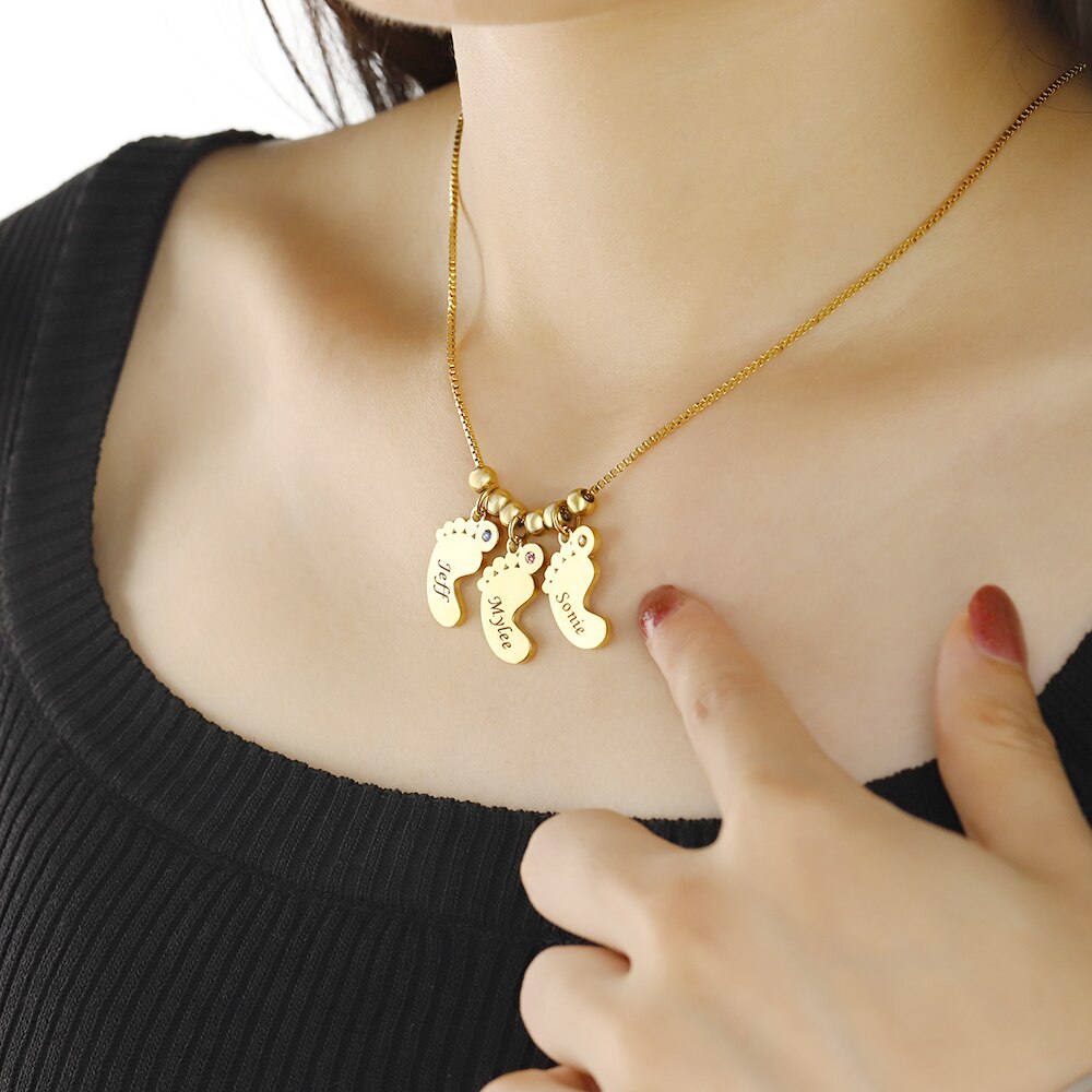 Mother's Day Gift Personalized Baby Feet Pendant Necklace Free Engraving Custom Names Foot Birthstone For Women Daughter Gifts