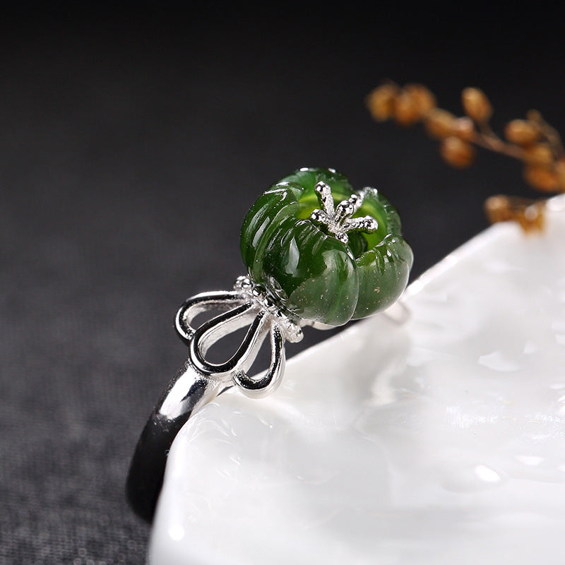 Ms one LuYin S925 pure silver hetian jade inl flower ring opening ring   high-grade joker