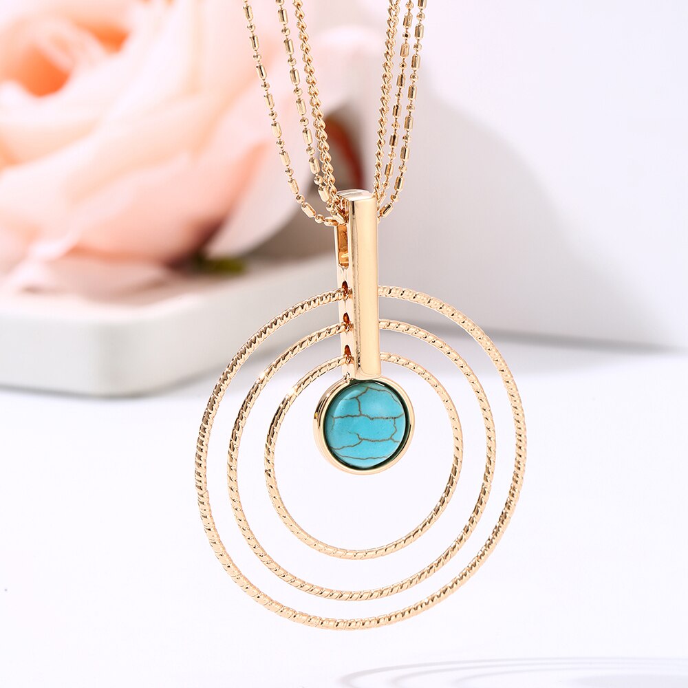 Multi Circle Big Pendant Necklace For Woman Vintage Blue Stone Gold Sliver Long Sweater Chain Female Necklace Jewelry