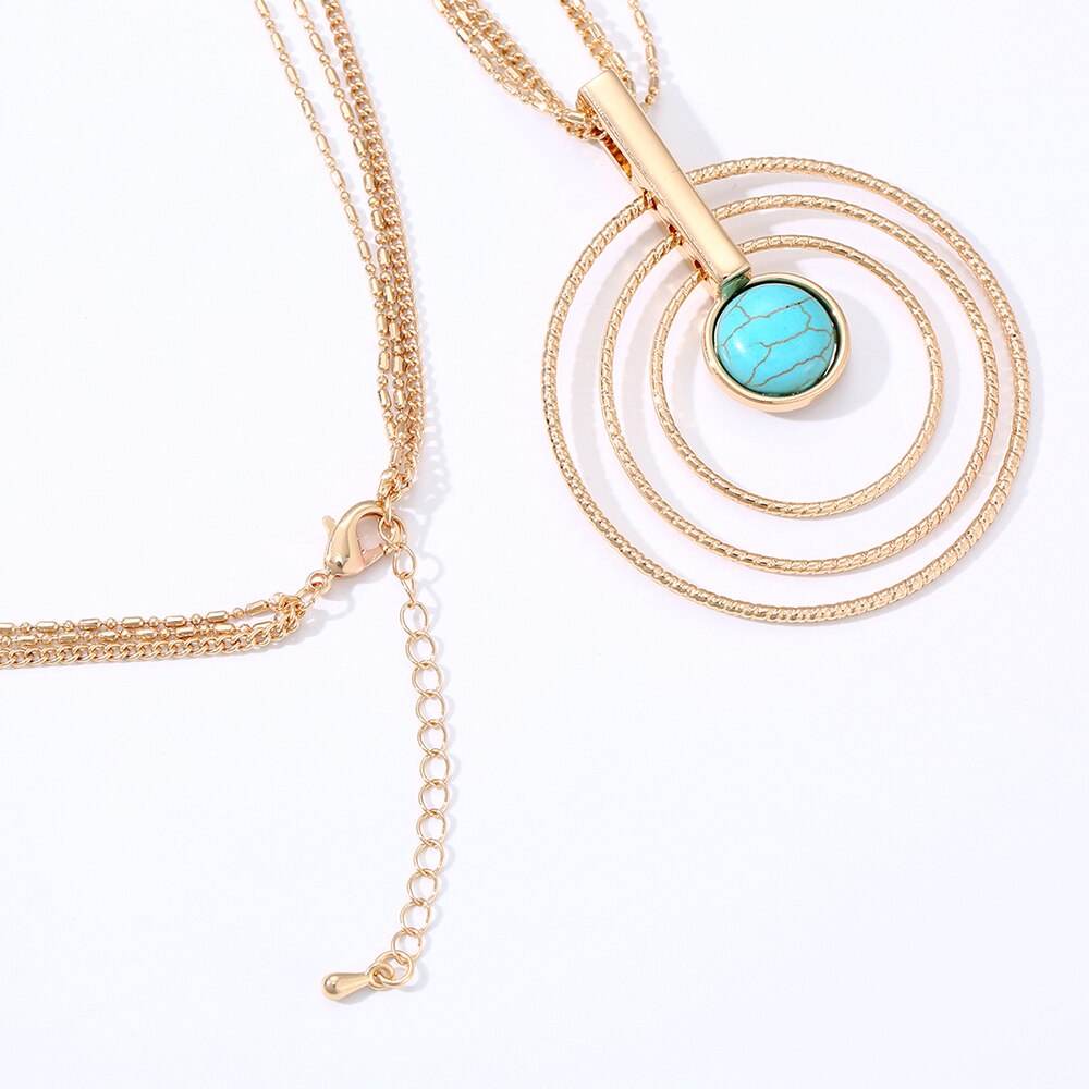 Multi Circle Big Pendant Necklace For Woman Vintage Blue Stone Gold Sliver Long Sweater Chain Female Necklace Jewelry