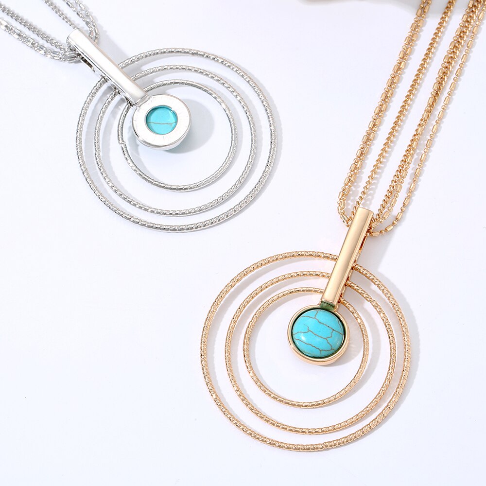 Multi Circle Big Pendant Necklace For Woman Vintage Blue Stone Gold Sliver Long Sweater Chain Female Necklace Jewelry