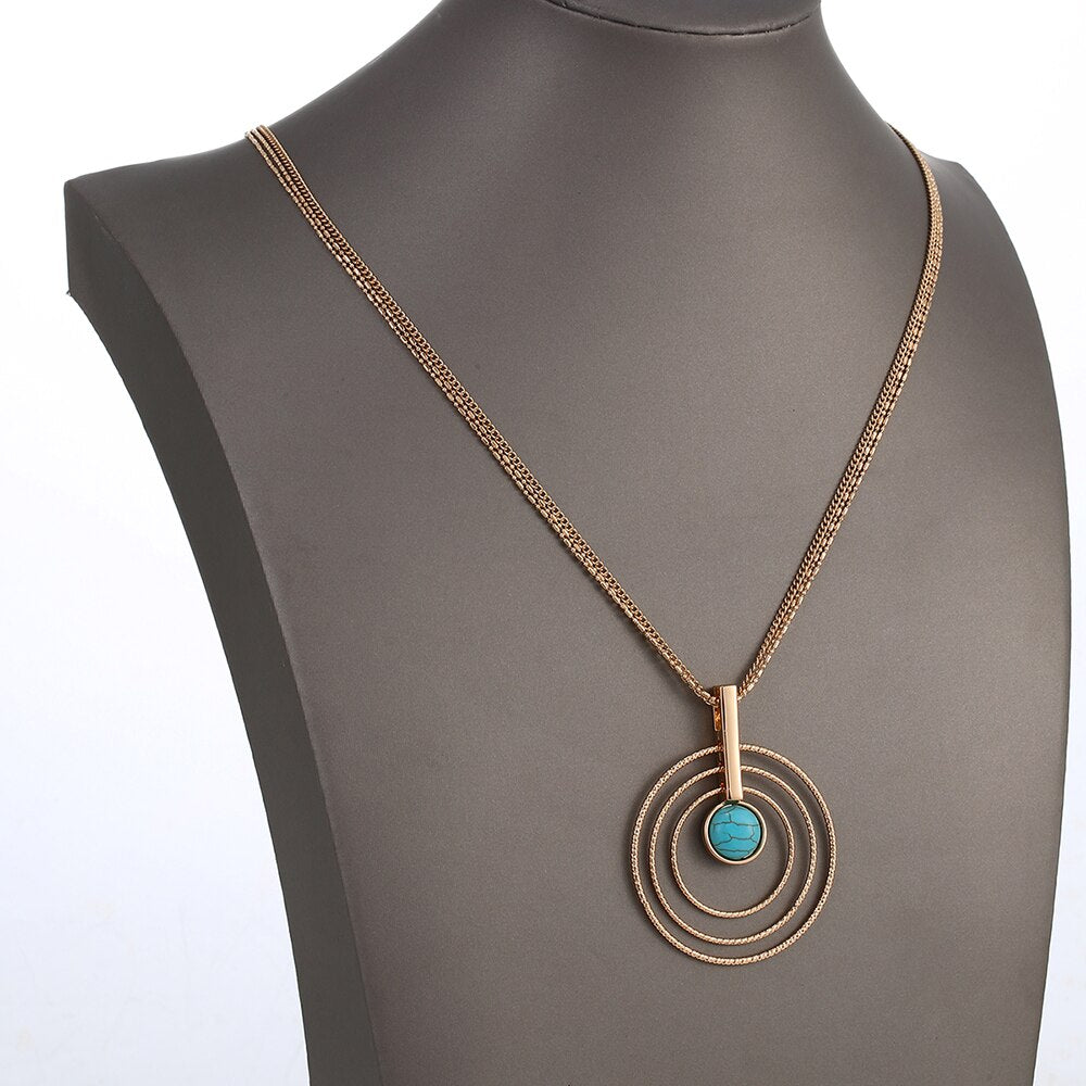 Multi Circle Big Pendant Necklace For Woman Vintage Blue Stone Gold Sliver Long Sweater Chain Female Necklace Jewelry