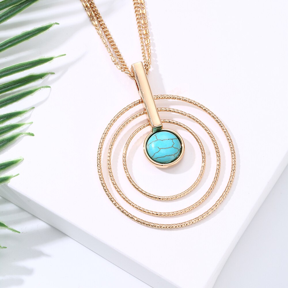 Multi Circle Big Pendant Necklace For Woman Vintage Blue Stone Gold Sliver Long Sweater Chain Female Necklace Jewelry