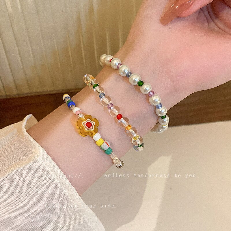 Multi Color Cute Bracelets Heart Flower Charms Jewelry For Women Colourful Acrylic Pearl Crystal Beads Girl's Design