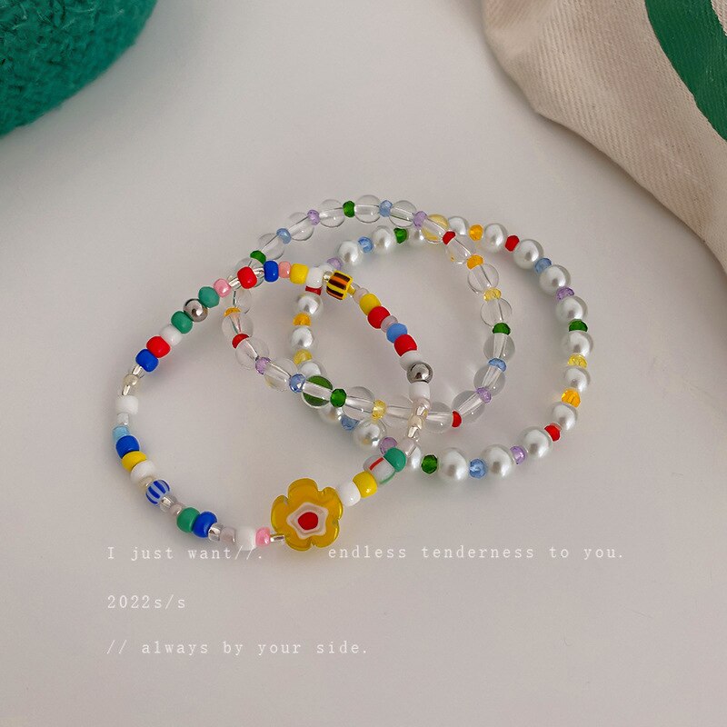Multi Color Cute Bracelets Heart Flower Charms Jewelry For Women Colourful Acrylic Pearl Crystal Beads Girl's Design