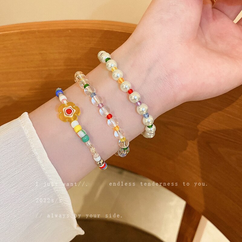 Multi Color Cute Bracelets Heart Flower Charms Jewelry For Women Colourful Acrylic Pearl Crystal Beads Girl's Design