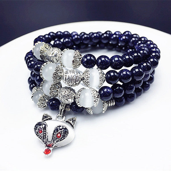 Multi-Layer 108 Buddha Prayer Beads Mala Bracelet Bluestone Natural Stone Bracelet Tibetan Style Lovely Fox Pendant Great Gift