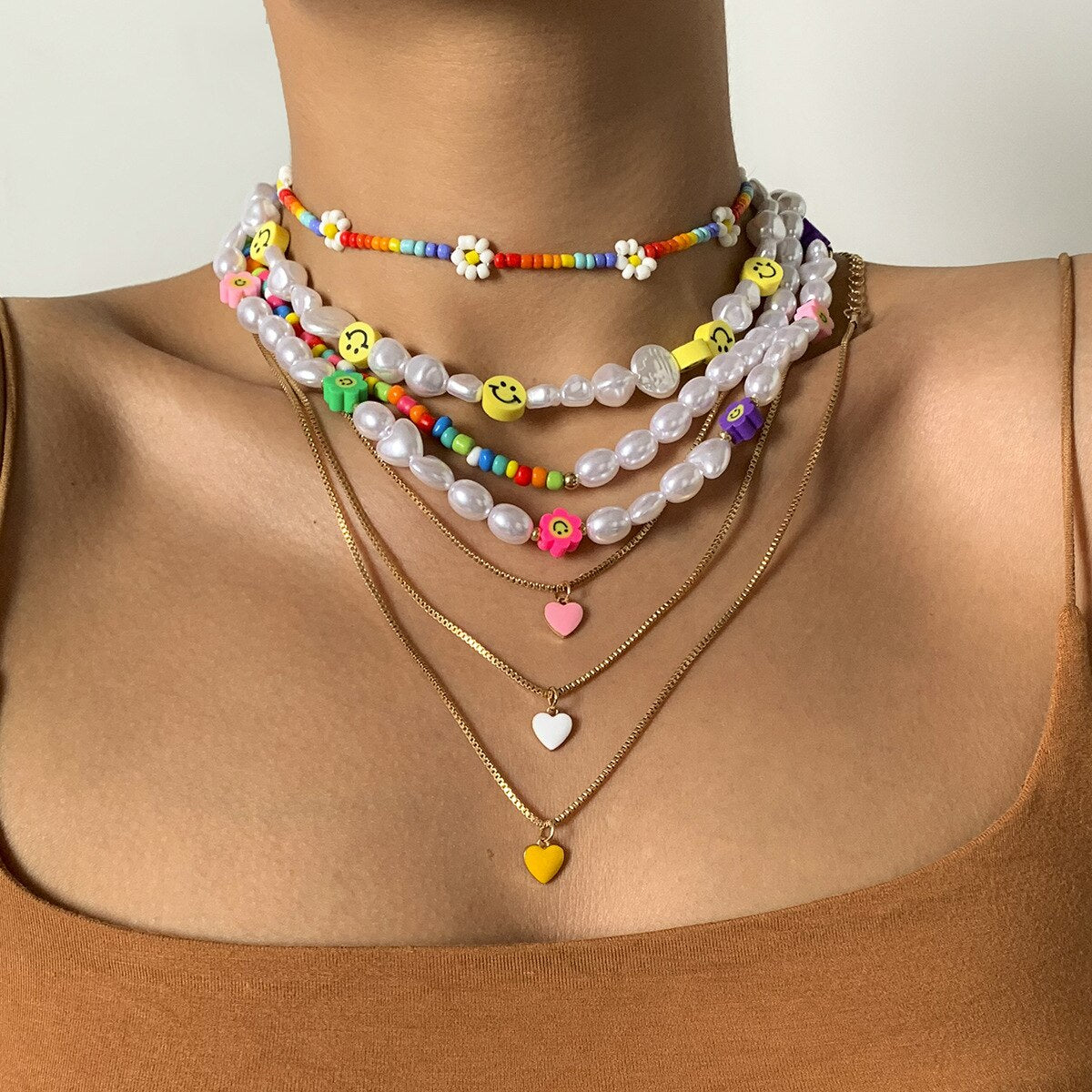Multi Layer Colorful Heart Pearl Necklaces For Women Chain Beads Necklace With Pendant Women's Jewelry Sets Choker Gift