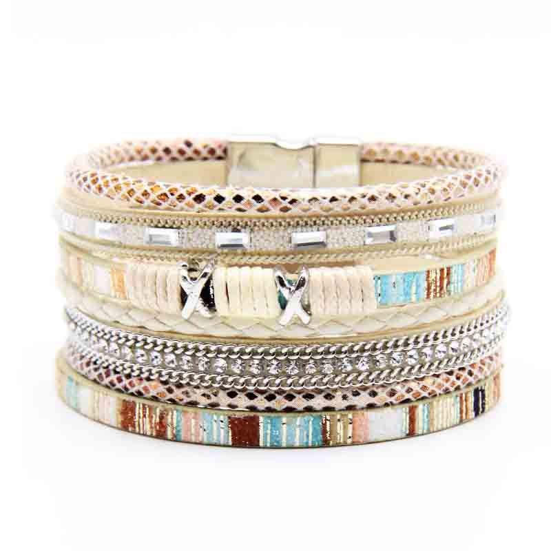 Multi Layer Colorful Leather Rope Magnet Clasp Bracelet Women's Rhinestone Crystal Metal Charm Bracelet  Bracelet Jewelry