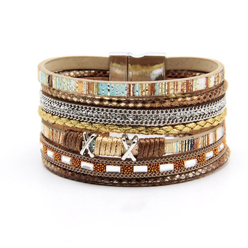 Multi Layer Colorful Leather Rope Magnet Clasp Bracelet Women's Rhinestone Crystal Metal Charm Bracelet  Bracelet Jewelry