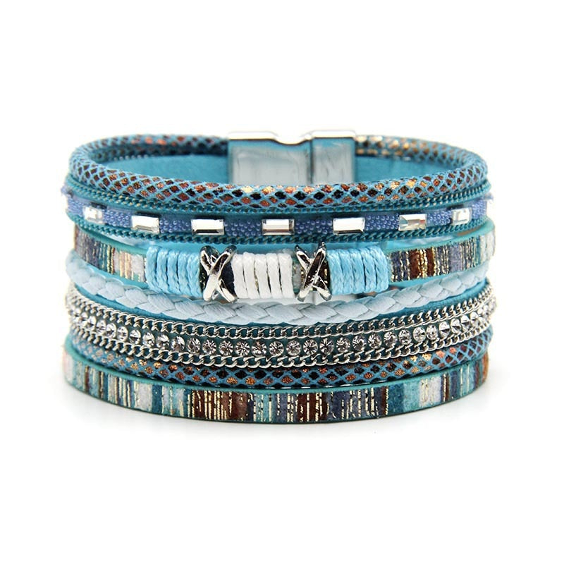 Multi Layer Colorful Leather Rope Magnet Clasp Bracelet Women's Rhinestone Crystal Metal Charm Bracelet  Bracelet Jewelry