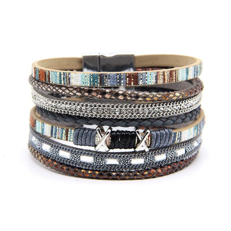 Multi Layer Colorful Leather Rope Magnet Clasp Bracelet Women's Rhinestone Crystal Metal Charm Bracelet  Bracelet Jewelry