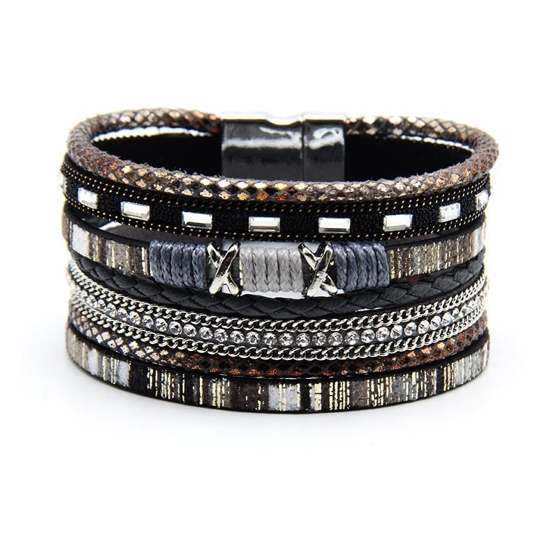 Multi Layer Colorful Leather Rope Magnet Clasp Bracelet Women's Rhinestone Crystal Metal Charm Bracelet  Bracelet Jewelry