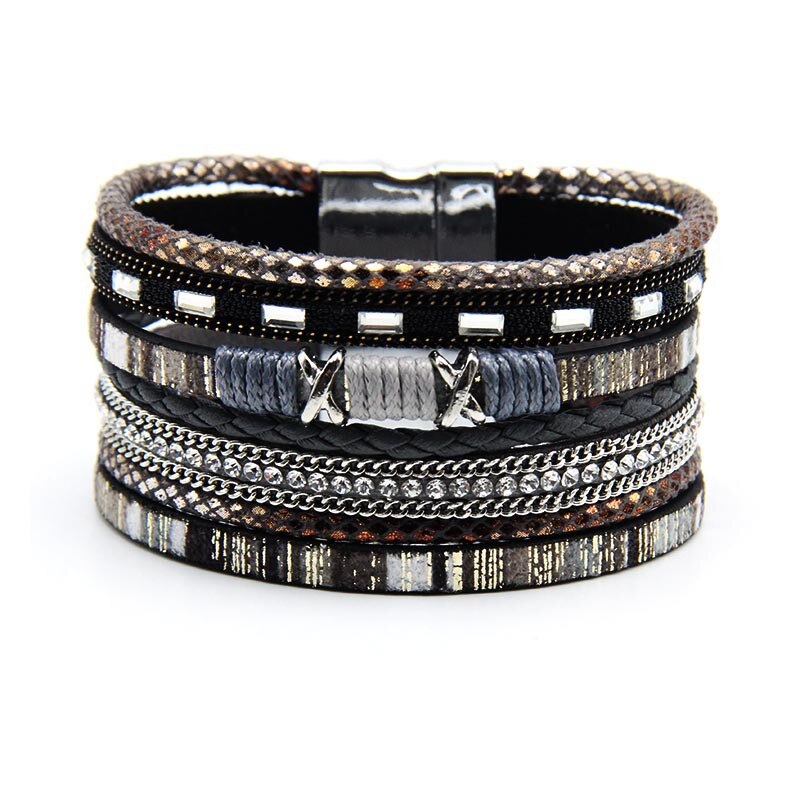 Multi Layer Colorful Leather Rope Magnet Clasp Bracelet Women's Rhinestone Crystal Metal Charm Bracelet  Bracelet Jewelry