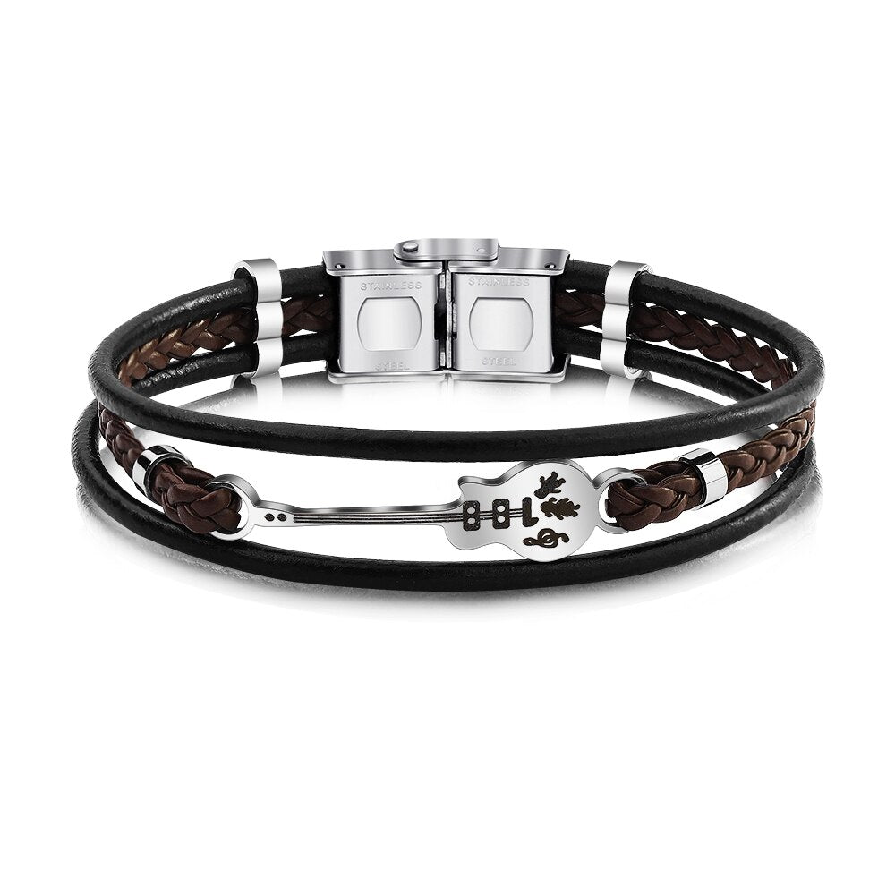 Multi Layer Leather Braid Bracelets for Men Women Customizable Engraving Stainless Steel Casual Personalized Rock Beth Bangle