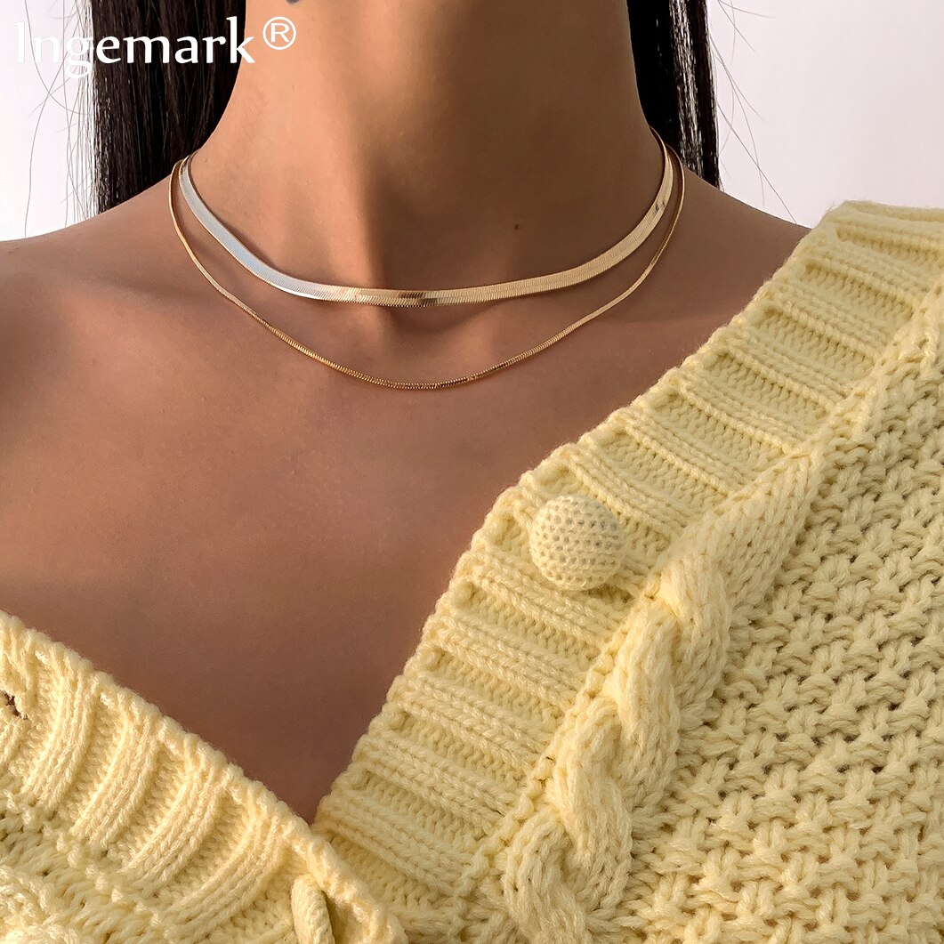 Multi Layered Flat Blade Snake Link Chain Choker Necklace Women Vintage Jewelry Metal Simple Gold Color Collares Necklace 2021