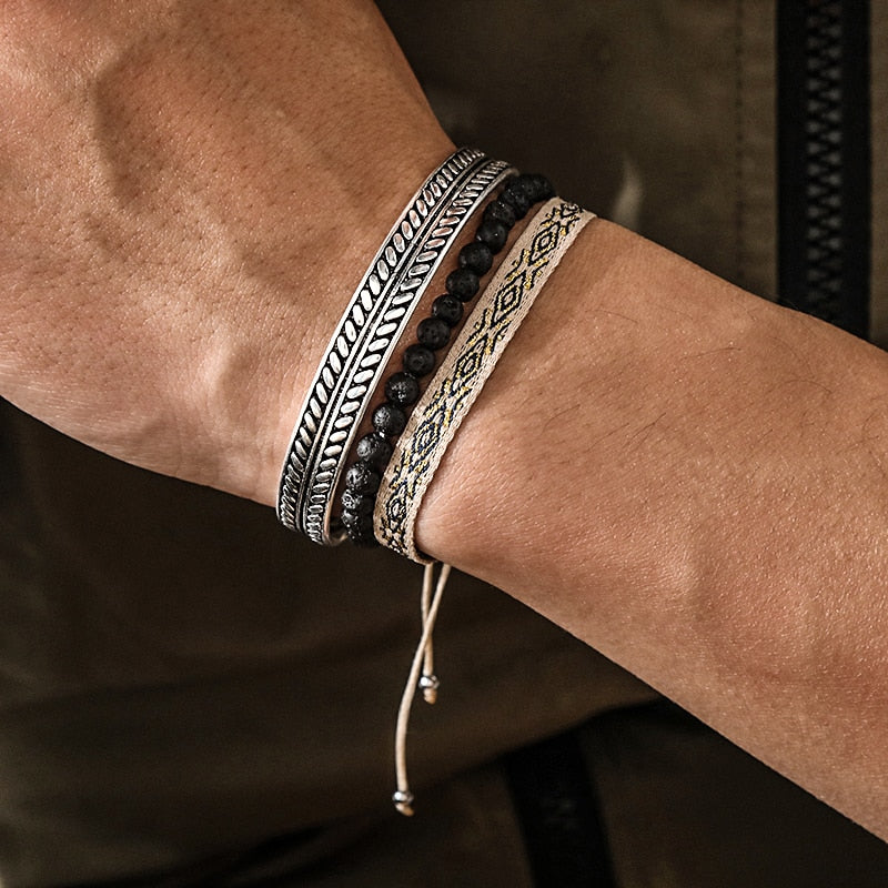 Multi-Piece 925 Plate Silver Cuff Bracelet Natural Lava Stone Beads Tibetan Buddha Lucky Knot Rope Men's Bracelets