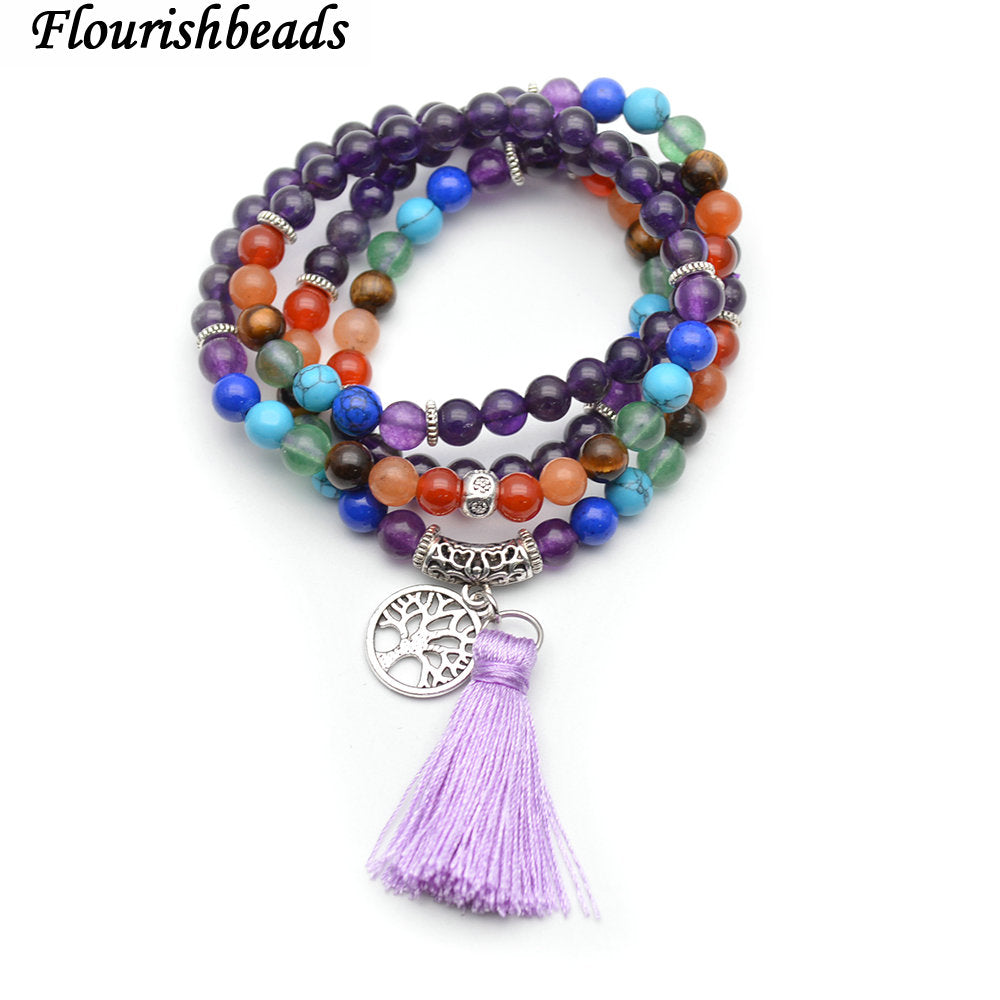 Multi Rows Natural Amethyst 6mm Round Beads Metal Life Tree Charm Tassel Mix Stone Chakra Bracelet Fashion Party Energy Jewelry