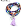 Multi Rows Natural Amethyst 6mm Round Beads Metal Life Tree Charm Tassel Mix Stone Chakra Bracelet Fashion Party Energy Jewelry