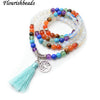 Multi Rows Natural Amethyst 6mm Round Beads Metal Life Tree Charm Tassel Mix Stone Chakra Bracelet Fashion Party Energy Jewelry