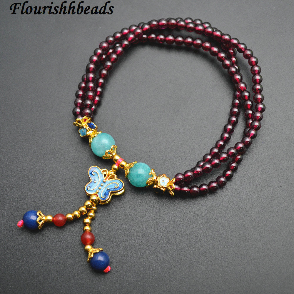 Multi Rows Natural Garnet Round Beads Metal Cloisonne Butterfly Charm Stretch Bracelets Fashion Party Jewerly
