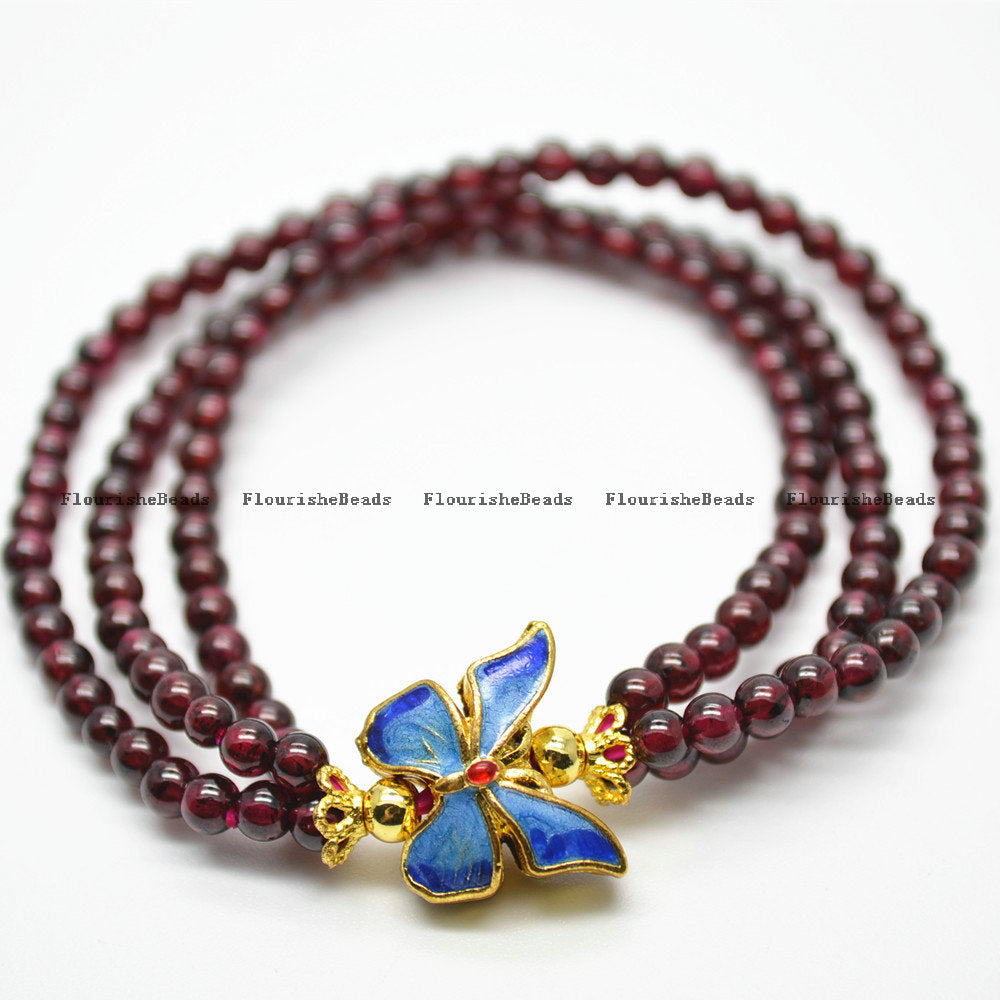 Multi Rows Natural Garnet Stone Round Beads Cloisonne Butterfly Metal Charm Bracelet Fashion Woman Jewelry