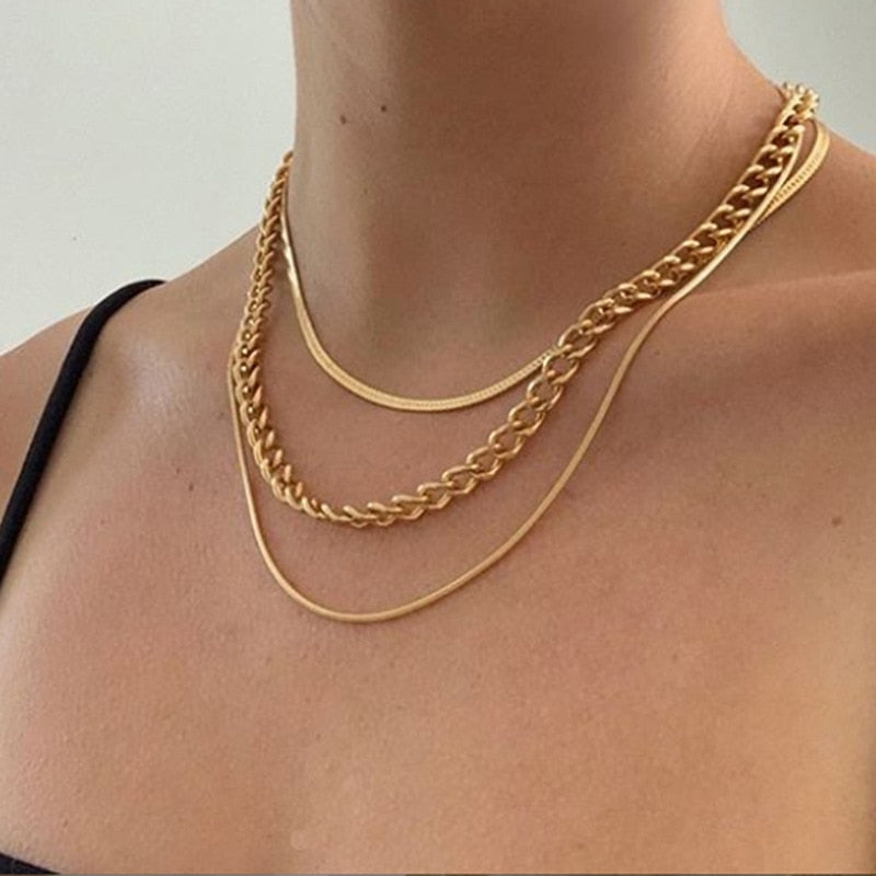 Multi-layered Thick Chain Stacking Snake Chain Clavicle Necklace For Women Vintage Gold Choker Sweater Necklace Party Jewelry Gi