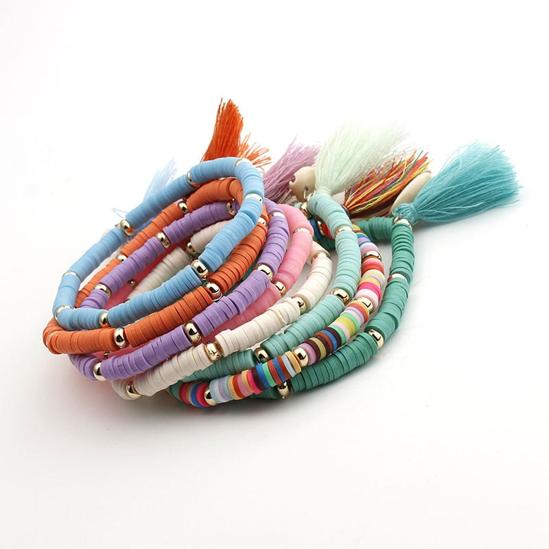 Multicolor Bohemian Shell Tassel Bracelet 7 colors Ehthic Beach Boho Statement Cotton Rope Chain Woven Bracelet for Women