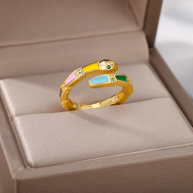 Multicolor Enamel Snake Rings for Women Open Adjustable Stainless Steel Couple Ring Colorful Wedding Aesthetic Jewelry anillos