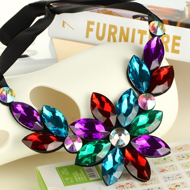 Multicolor Flower Choker Necklace for Women Ribbon Rope Necklace Collars Big Crystal Statement Necklace Jewelry Collier Femme
