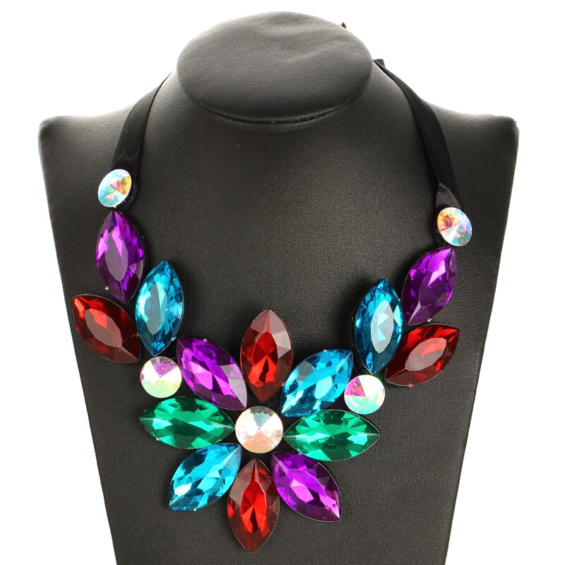 Multicolor Flower Choker Necklace for Women Ribbon Rope Necklace Collars Big Crystal Statement Necklace Jewelry Collier Femme