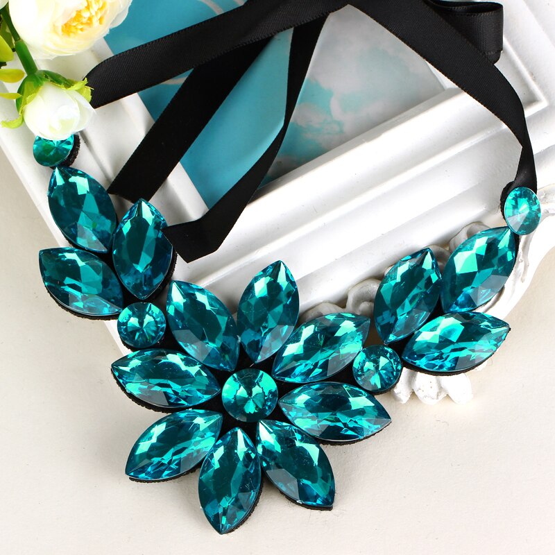Multicolor Flower Choker Necklace for Women Ribbon Rope Necklace Collars Big Crystal Statement Necklace Jewelry Collier Femme