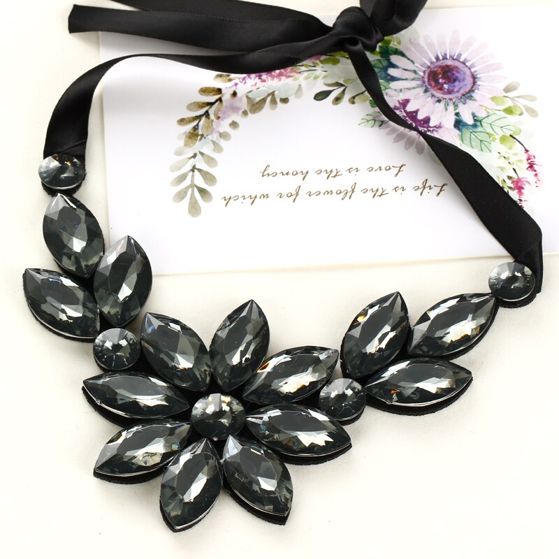 Multicolor Flower Choker Necklace for Women Ribbon Rope Necklace Collars Big Crystal Statement Necklace Jewelry Collier Femme