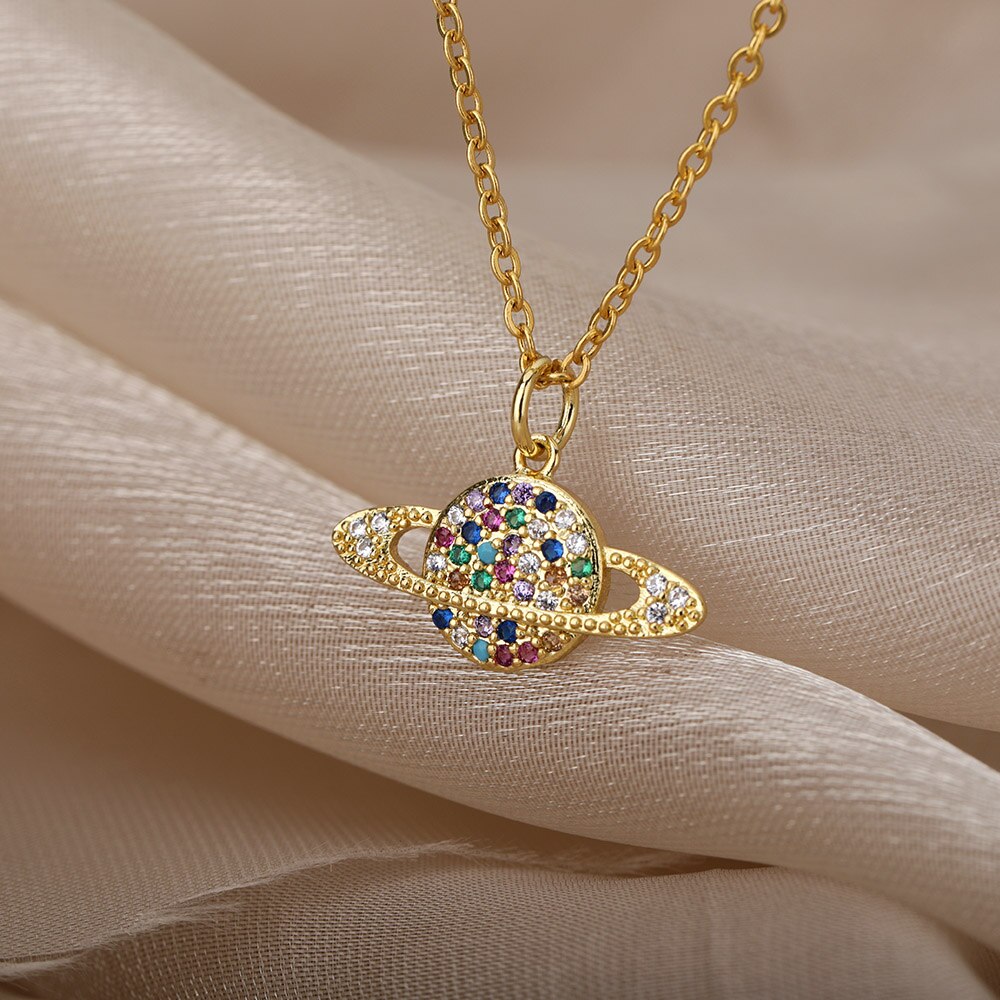 Multicolor Rainbow Zircon Necklace For Women Long Chain Charm Gold Color Necklaces Couple Wedding Band Aesthetic Jewerly