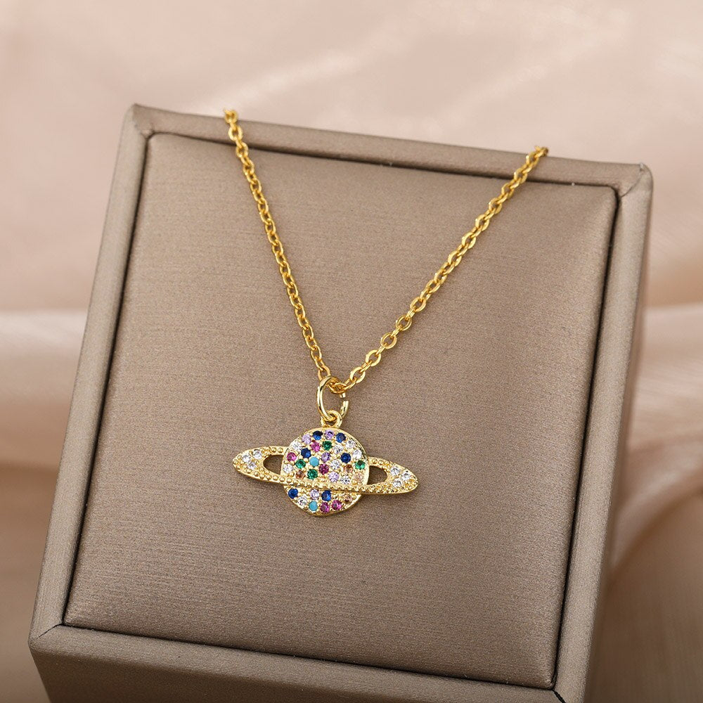 Multicolor Rainbow Zircon Necklace For Women Long Chain Charm Gold Color Necklaces Couple Wedding Band Aesthetic Jewerly