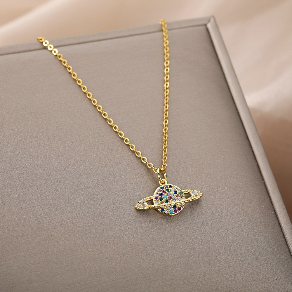 Multicolor Rainbow Zircon Necklace For Women Long Chain Charm Gold Color Necklaces Couple Wedding Band Aesthetic Jewerly