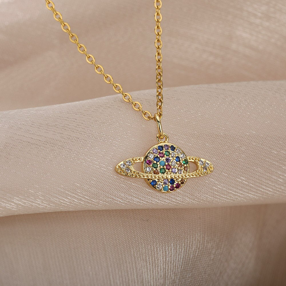 Multicolor Rainbow Zircon Necklace For Women Long Chain Charm Gold Color Necklaces Couple Wedding Band Aesthetic Jewerly