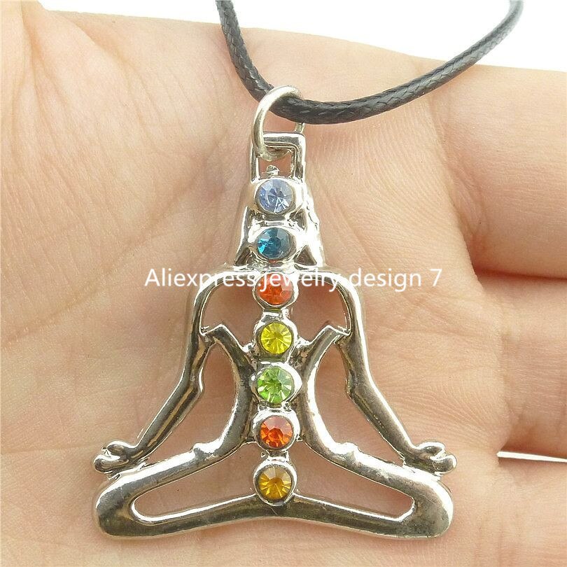 Multicolor Rhinestone Crystal Chakra Charms Buddha Yoga Meditation Pendant Leather Collar Necklaces Women Souvenir Gift Jewelry
