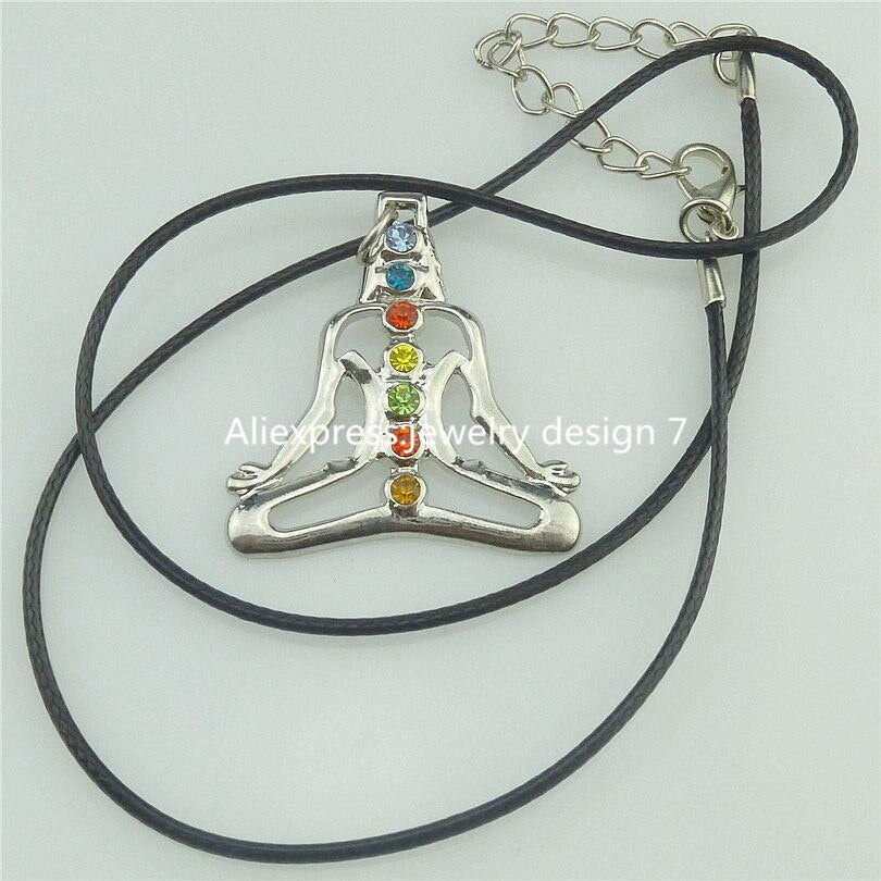 Multicolor Rhinestone Crystal Chakra Charms Buddha Yoga Meditation Pendant Leather Collar Necklaces Women Souvenir Gift Jewelry