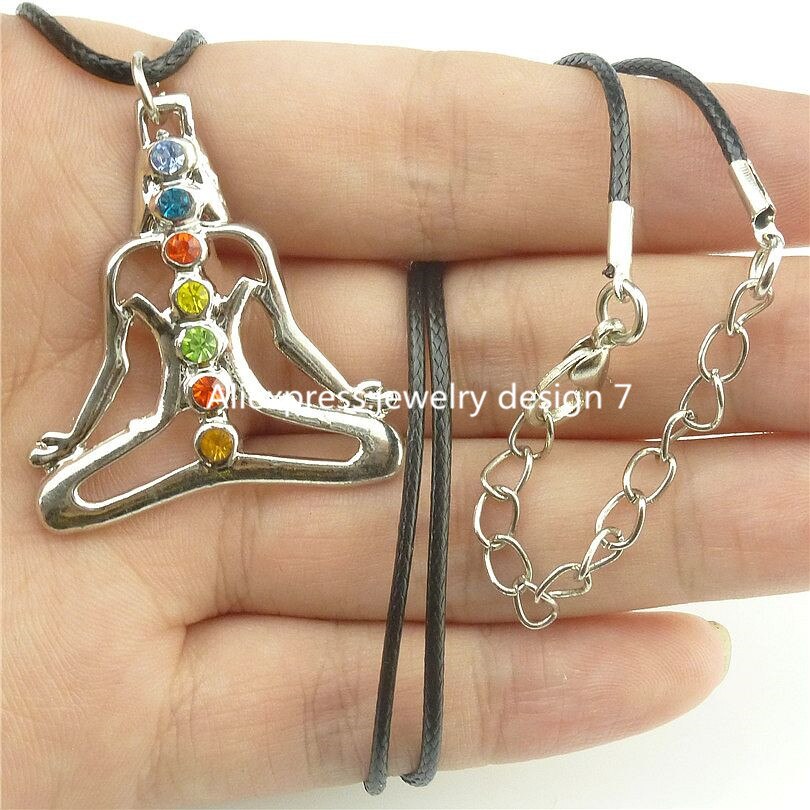 Multicolor Rhinestone Crystal Chakra Charms Buddha Yoga Meditation Pendant Leather Collar Necklaces Women Souvenir Gift Jewelry