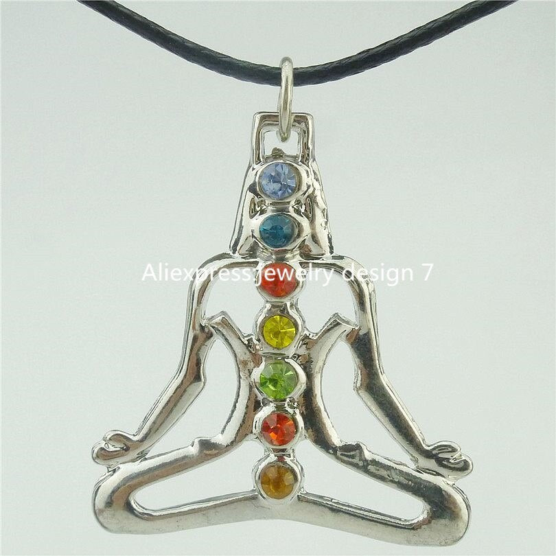 Multicolor Rhinestone Crystal Chakra Charms Buddha Yoga Meditation Pendant Leather Collar Necklaces Women Souvenir Gift Jewelry