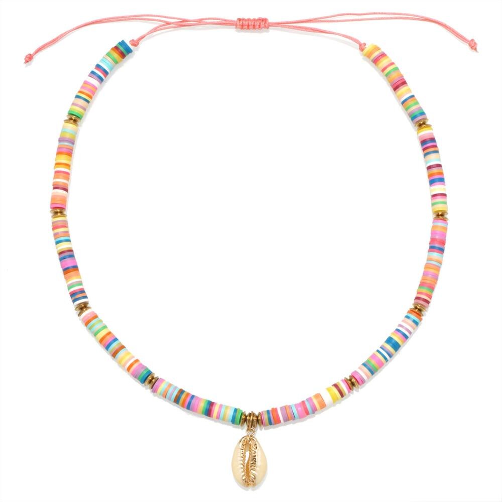 Multicolored 6mm Polymer Clay Heishi Cowrie Seashells Adjustable Necklace Women Girl Record Discs Button Bead Surfer Jewelry