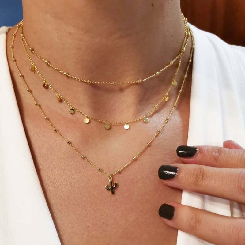 Multilayer Cactus Necklace Gold Silver Color Star Chain Necklaces for Women Bohemian Jewelry Accessories Friends Gift