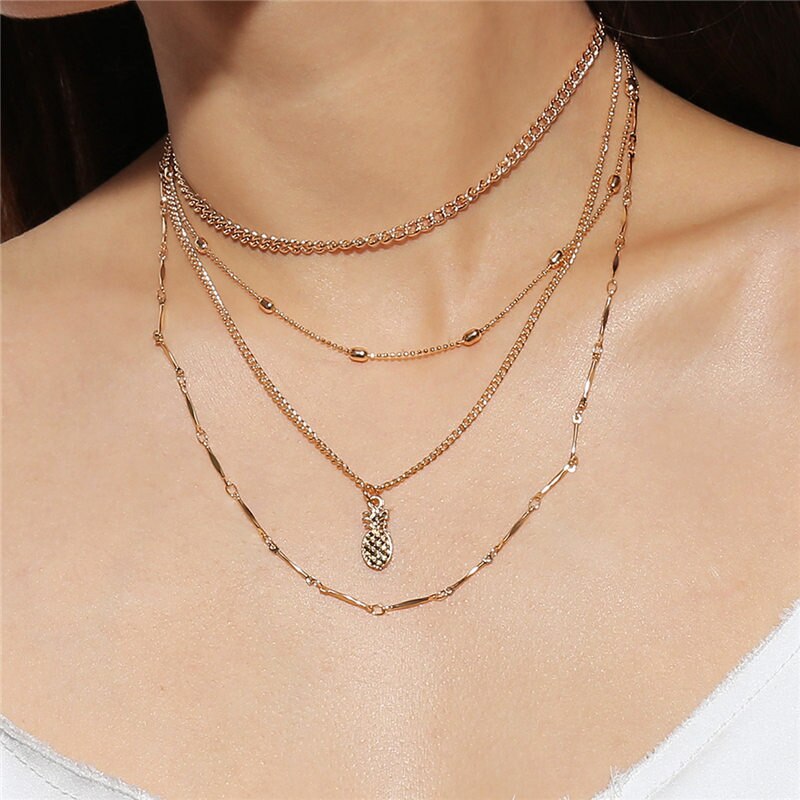 Multilayer Gold Color Chain Choker Necklaces For Women Ethnic Jewelry Punk Pineapple Pendant Necklace Femme Bijoux