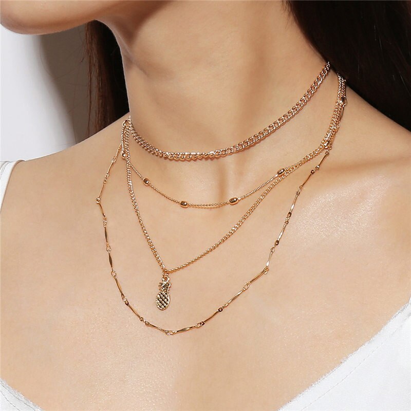 Multilayer Gold Color Chain Choker Necklaces For Women Ethnic Jewelry Punk Pineapple Pendant Necklace Femme Bijoux