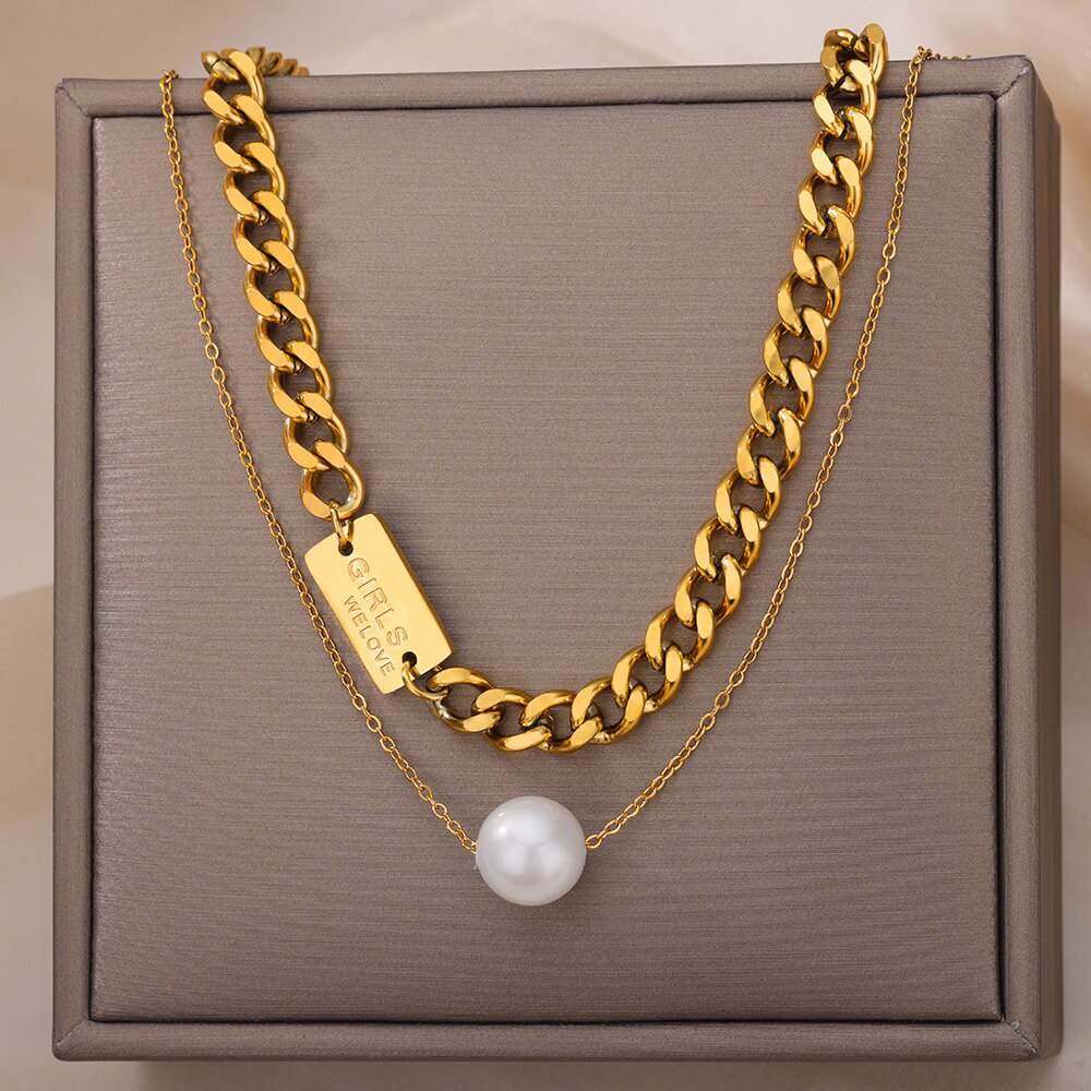 Multilayer Imitation Pearls Necklace for Women Gold Color Stainless Steel Cuban Chains Necklaces  Wedding Jewerly collares