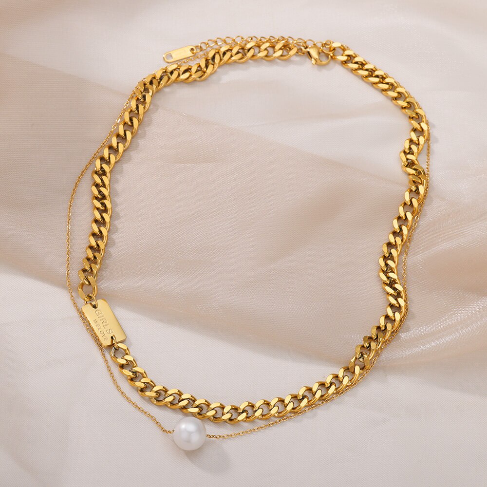 Multilayer Imitation Pearls Necklace for Women Gold Color Stainless Steel Cuban Chains Necklaces  Wedding Jewerly collares