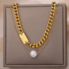 Multilayer Imitation Pearls Necklace for Women Gold Color Stainless Steel Cuban Chains Necklaces  Wedding Jewerly collares